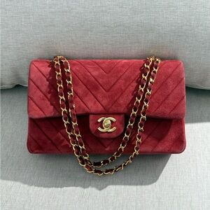 CHANEL Vintage Red Suede Chevron Flap Bag GHW